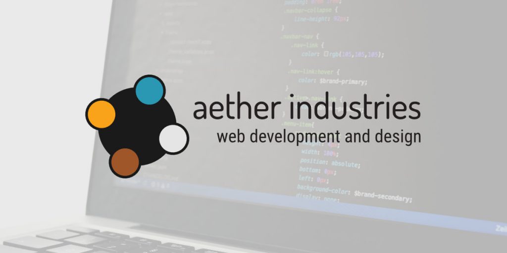 Aether Industries logo overlaid on a photo of a laptop computer displaying CSS code