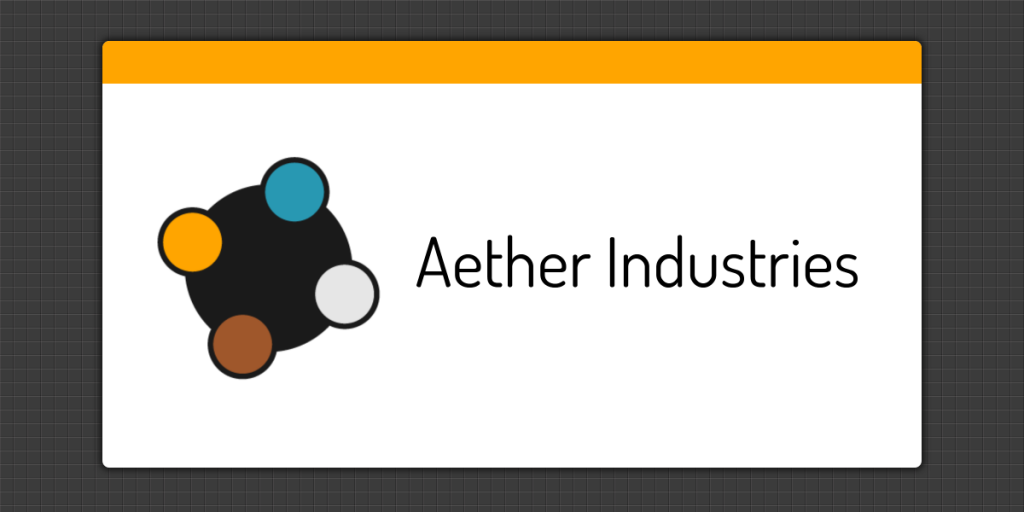 Aether Industries logo circa 2016 on a white background with orange bar across the top and dark grey tile border
