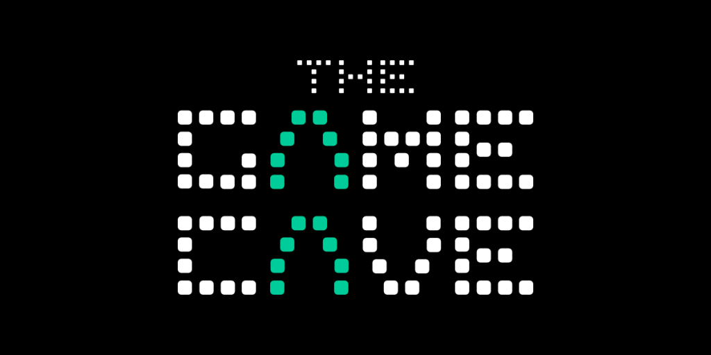Logotype for The Game Cave portrayed in white and green squares with rounded corners on a black background