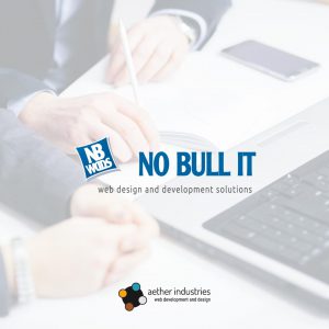 The No Bull IT and Aether Industries logos overlaid on a photo of two people comparing notes with a mobile phone and laptop computer