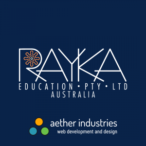 Rayka Education Logo and Aether Industries logo in white text on a dark blue background