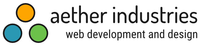 The Aether Industries logotype circa 2022, featuring orange, light blue and light green circles in a triangle formation, accompanied by the words "Aether Industries - Web Development and Design" in lowercase